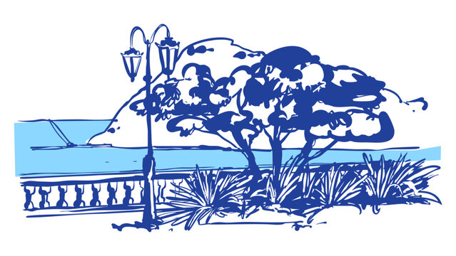 Hand draw city park landscape sketch in blue ink vector.