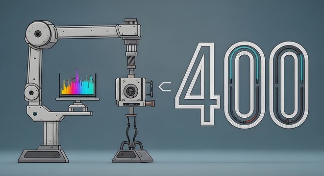 Industrial robotic arm with a display showing sound waves, connected to a camera and a '400' score, illustrating modern automation and digital technology.