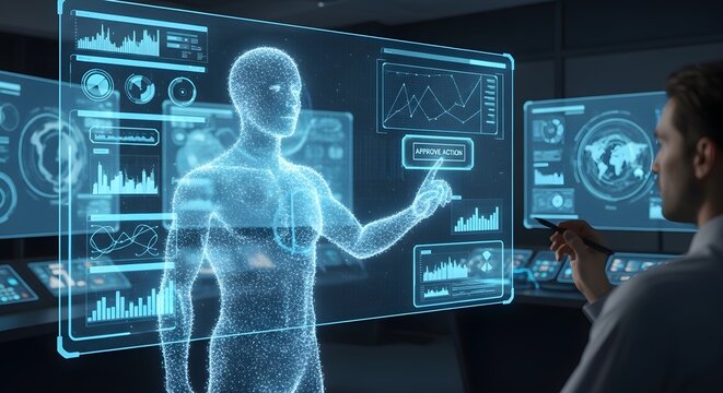 Doctor interacting with futuristic holographic medical display showing human anatomy and data analytics