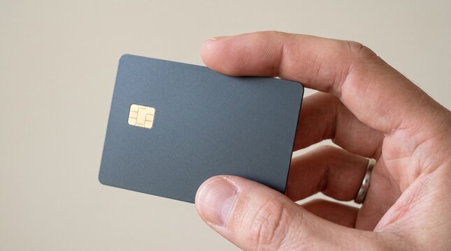 Hand holding a blank dark blue credit card with a chip