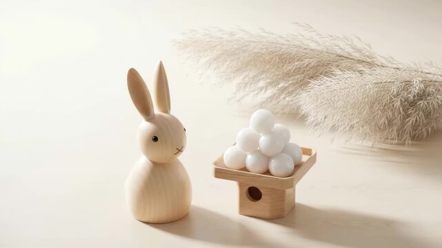 Wooden rabbit figurine with tsukimi dango