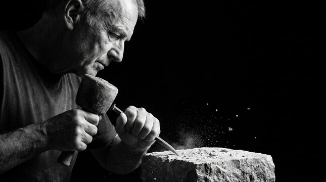 Elderly sculptor chiseling stone with hammer and chisel creating art