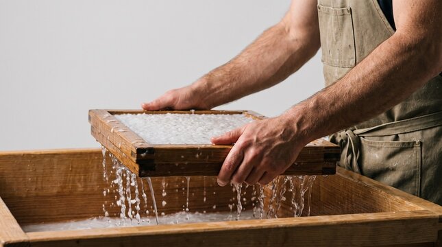 Artisan making handmade paper using traditional wooden mould and deckle