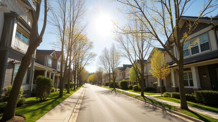 Fototapeta premium Residential street with houses and trees. AI-generated.