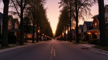 Obraz premium Residential street with houses and trees. AI-generated.