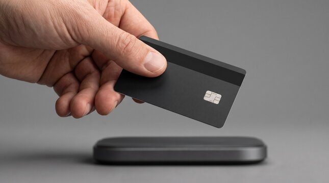 Hand holding a black credit card over a payment terminal for contactless transaction