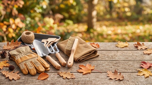Assorted gardening tools and leather gloves placed on a rustic wooden table covered with colorful autumn fallen leaves