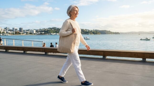 Smiling senior woman with gray hair walking along a sunny waterfront promenade carrying a beige tote bag