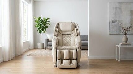 Obraz premium Modern cream massage chair in a bright, minimalist living room, perfect for home wellness and interior design marketing