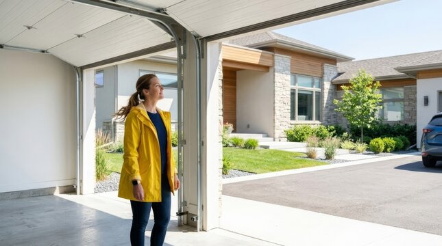 Woman in yellow raincoat at garage threshold on sunny day, modern home exterior with copy space
