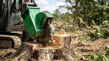 Heavy duty hydraulic stump grinder chews tree stump into wood chips for land clearing and construction site preparation © SashaMagic