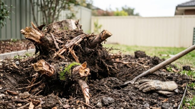 Uprooted tree stump with exposed roots in a dug-out pit, gardening gloves and shovel nearby, preparing suburban yard for landscaping