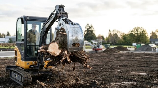 Mini excavator removing large tree stump with roots from construction site, construction equipment clearing land for development