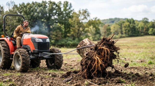 Man operating tractor to pull large tree stump with tangled roots out of muddy field during daylight