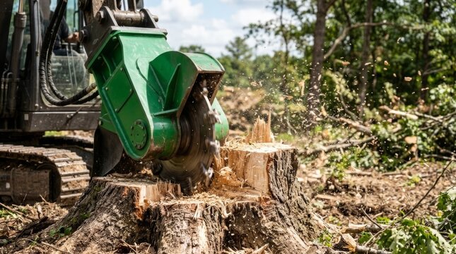 Heavy duty hydraulic stump grinder chews tree stump into wood chips for land clearing and construction site preparation
