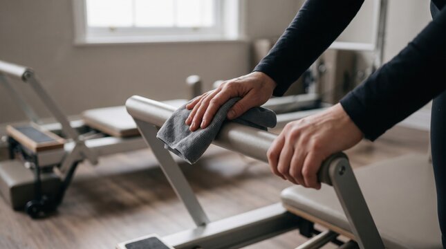 Person cleaning the bar of a pilates reformer machine with a grey microfiber cloth