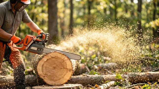Logger with chainsaw cutting tree trunk in warm sunlight, creating a dynamic sawdust spray, forest logging action