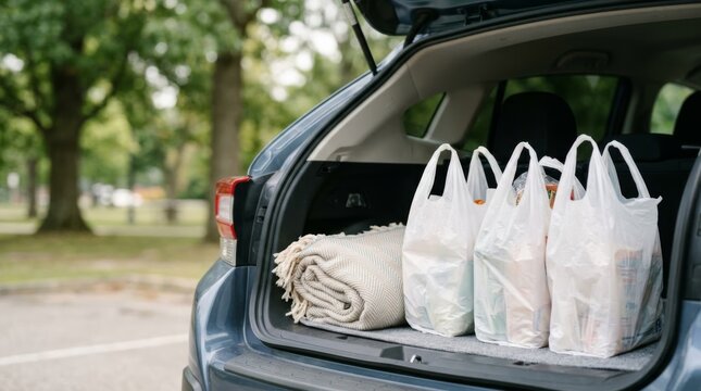 White plastic grocery bags and folded blanket in car trunk, ready for weekend picnic or shopping trip