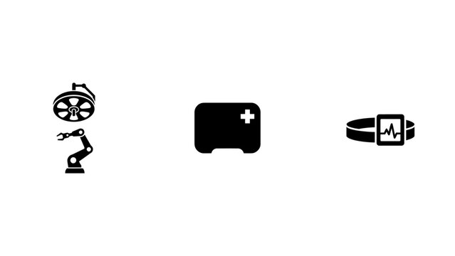 Minimalist medical technology icons representing surgical robotics healthcare kits and digital health monitoring devices with wearable heart rate monitors