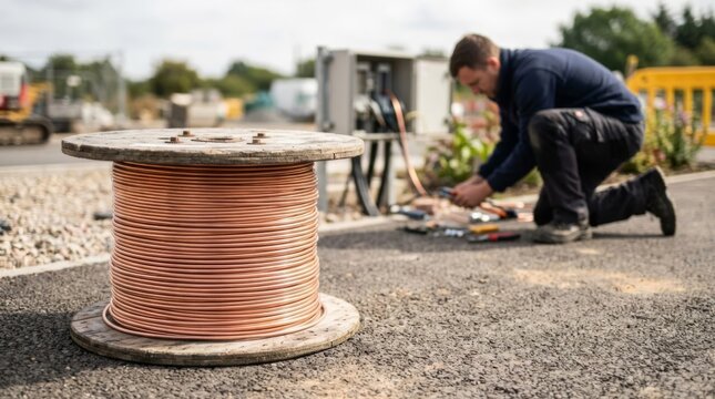 Electrician working with copper wire spool on asphalt, utility infrastructure installation, bright daylight commercial setting