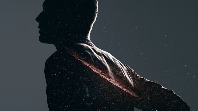 Prompt: A breathtaking double exposure fine-art portrait. A crisp black silhouette of a running figure's torso is filled with a minimalist dreamscape of a long, cigar-shaped reddish interstellar 