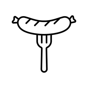 Sausage on Fork Line Icon, Grilled Bratwurst Outline Vector Symbol for Oktoberfest and BBQ