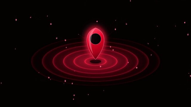 Glowing red location pin icon with ripple effect and particle particles
