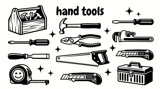 construction hand tools featuring hammers screwdrivers pliers wrenches chisels handsaws tape measures utility knives and toolboxes set vector for engineering carpentry and renovation