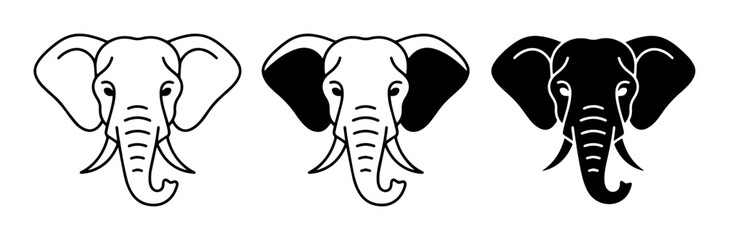 Fototapeta premium Elephant Head Icons: Outline, Filled, Silhouette Vector Set