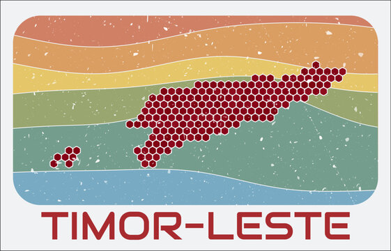 Timor-Leste vintage logo. Hexagon dots shape of the country on retro colored stripe waves background. Timor-Leste map design with grunge scratch texture. Vector Illustration.