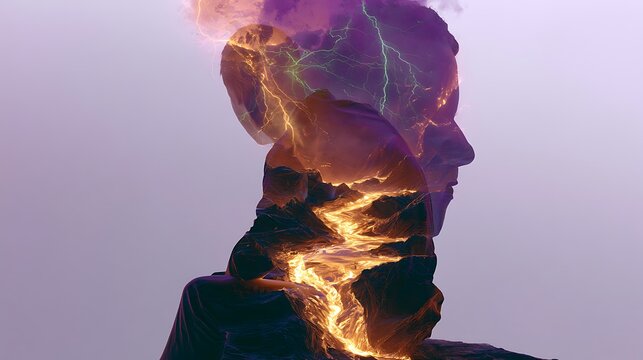 Prompt: A poetic double exposure artwork. A dark silhouette of a lone figure sitting is filled with a scenic landscape of a hellish alien world, featuring glowing rivers of golden lava cutting 