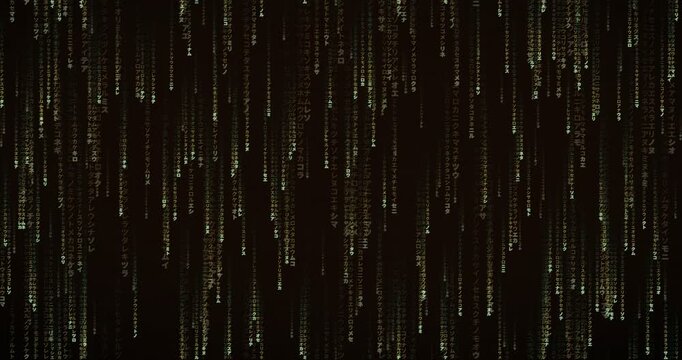 Japanese katakana characters cascade down in a futuristic amber terminal animation with deep parallax effect.