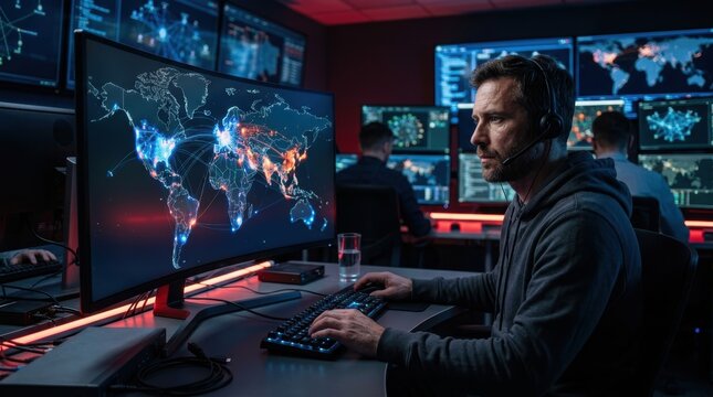A professional cybersecurity specialist monitors global server traffic and manages complex data threats while sitting at a computer desk within a high-tech surveillance command center