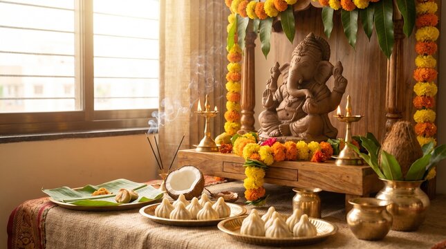 Modern Indian home decorated for Ganesh Chaturthi with clay Ganesha idol