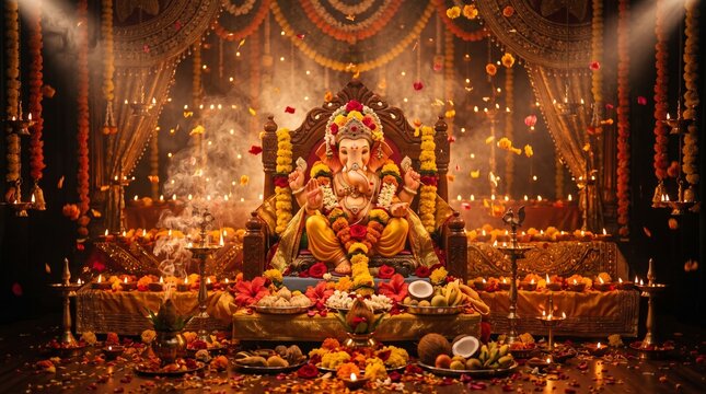 Elegant Ganesh Chaturthi festival setup with dramatic golden lighting