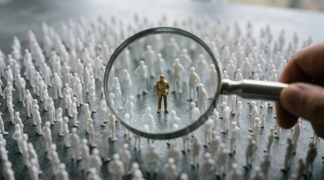 A hand holds a magnifying glass over a golden figure standing among many white plastic people to represent the process of selecting a specific candidate from a large group during recruitment