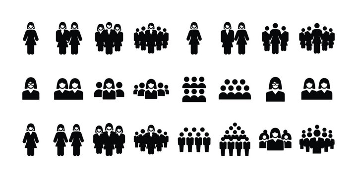 Set of black business woman icons showing group of people and female team members in various formations and quantities