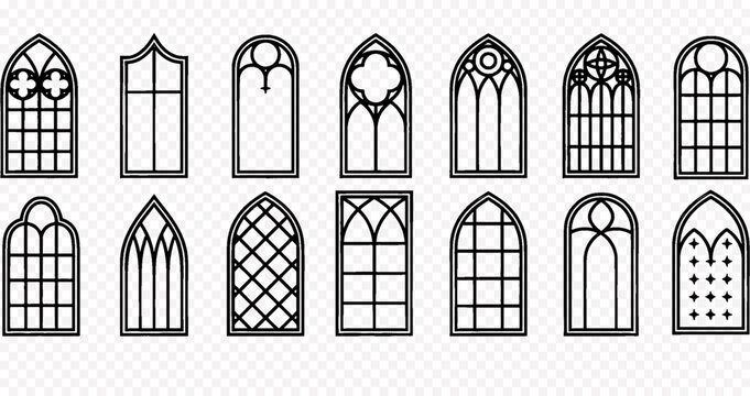 Set of gothic windows silhouettes isolated on white background