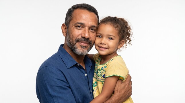 Independ&ecirc;ncia do brasil Loving father embraces his happy daughter with curly hair against a white background