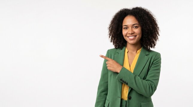 Independ&ecirc;ncia do brasil Smiling businesswoman in green suit pointing to the left with copy space on white background