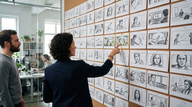 A professional creative team collaborates in an office environment while reviewing various hand drawn sketches pinned onto a large cork board to refine their cinematic project for future
