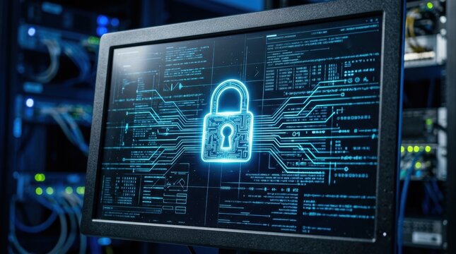 A glowing padlock symbol illuminates the computer monitor screen inside a server room to represent advanced digital encryption protocols protecting sensitive enterprise information from external