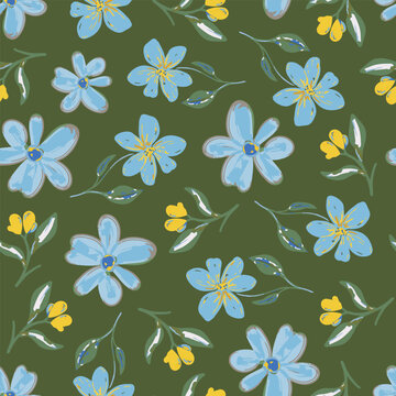 Hand drawn flowers with leaves seamless repeat pattern. Random placed, vector botany aop, all over surface print on green background.