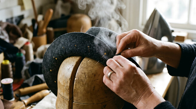 Milliner hands shaping and blocking steaming dark felt hat on vintage wooden block mold with pins in artisan workshop studio closeup