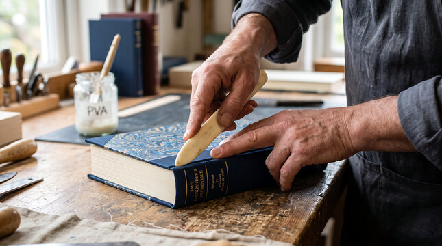 Bookbinder hands casing in handcrafted hardcover book using bone folder tool on spine in traditional bindery workshop closeup