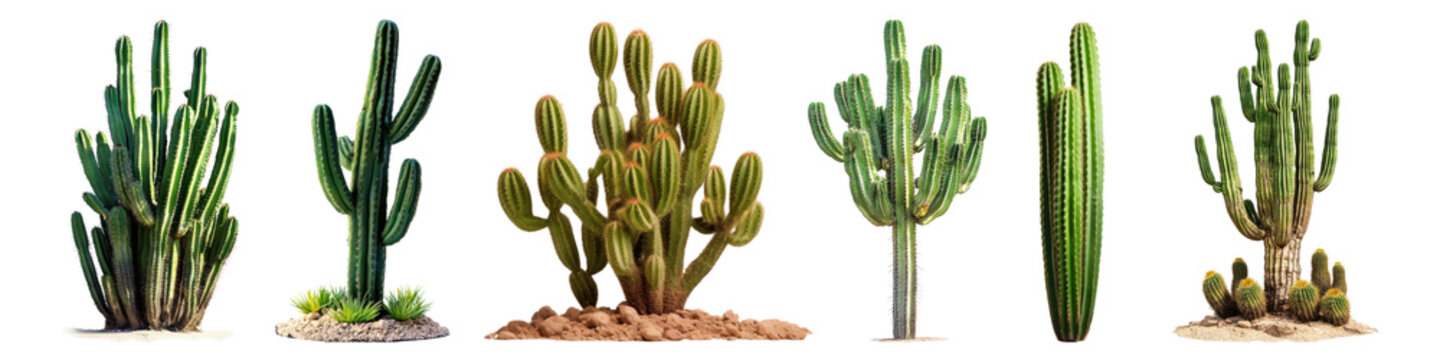 Variety of realistic cactus illustrations, png set on transparent background