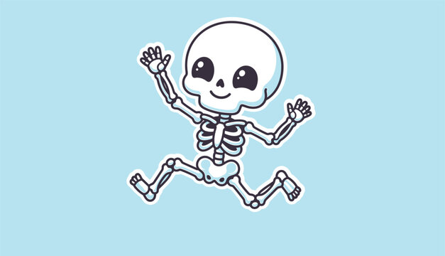 Cartoon skeleton illustration with large eyes on a light blue background