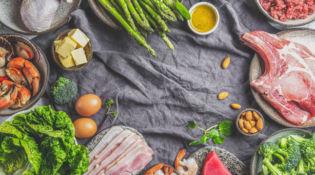 Vegetarian and animal protein, carb and fat sources. Low carbs and ketogenic diet. Healthy food background with copy space