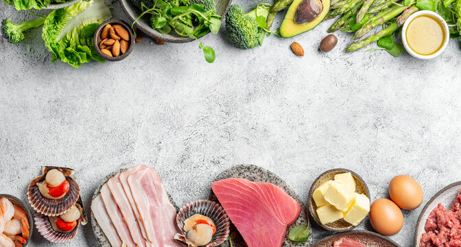KETOGENIC DIET LOW CARB CONCEPT. Vegetarian and animal protein, carb and fat sources. Healthy food background with copy space