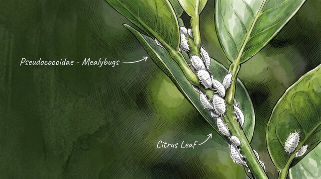 Mealybugs infestation on citrus plant leaves illustration